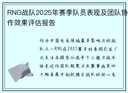 RNG战队2025年赛季队员表现及团队协作效果评估报告